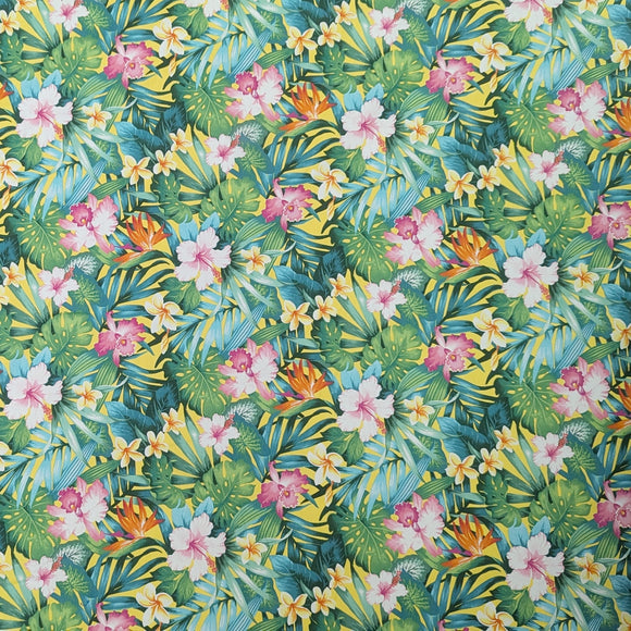 Yellow Tropical Floral Hawaiian Fabric – Monstera & Plumeria – Polycotton