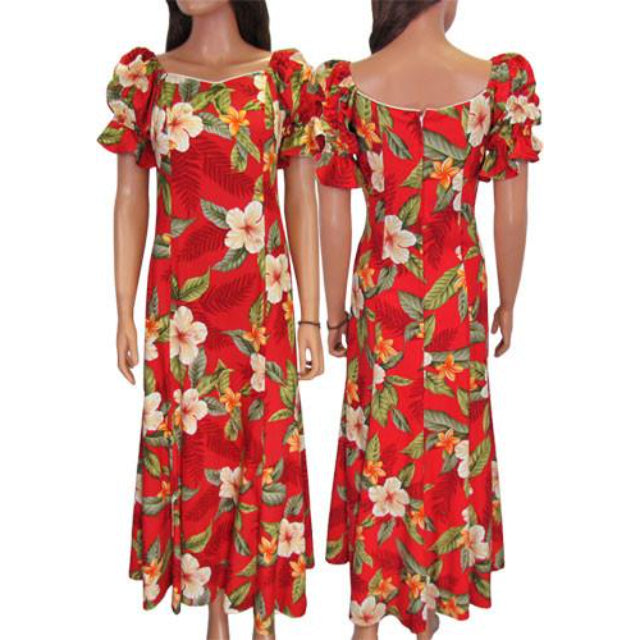 Red Hawaiian Long Dress in White Hibiscus Print