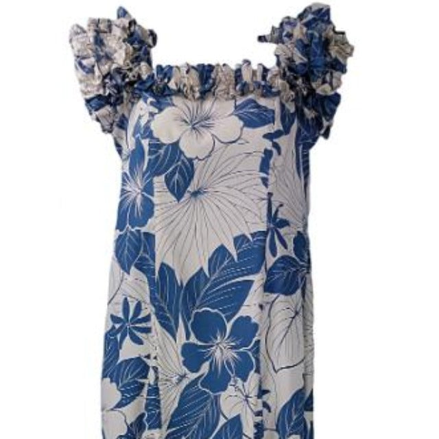 Hawaiian Muumuu Dress in Cream and Blue Hibiscus Print - 0