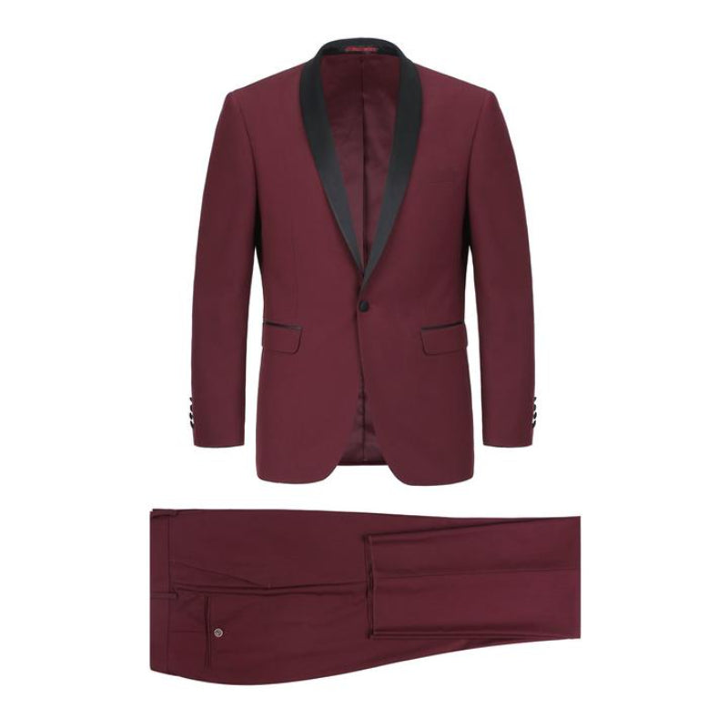 Slim Fit Shawl Collar Tuxedo Jacket and Pant 2 pc Set | Burgundy - 0