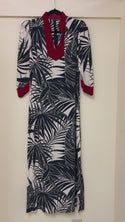 Velvet Trim Black Palm Leaf Print Dress