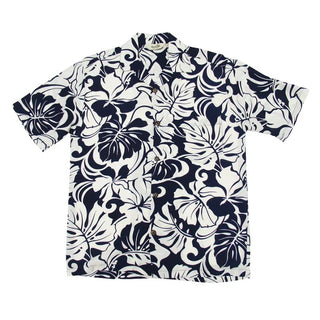 Navy Hibiscus and White Rayon Hawaiian Shirt - Muumuu Outlet