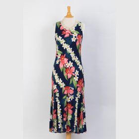 Navy Blue Orchid Floral Print Dress, Blue - 0