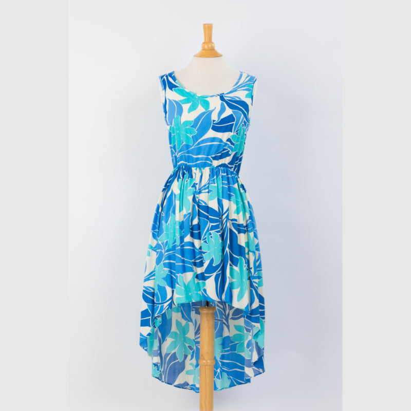 Blue Abstract Floral Print Casual Dress with Fishtail