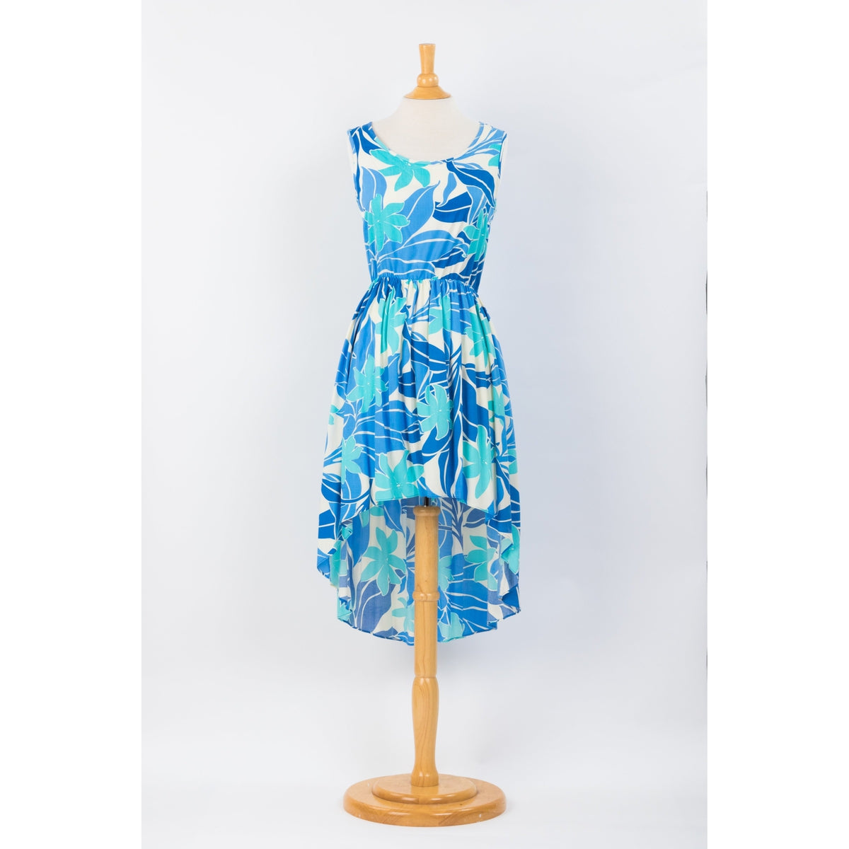 Blue Abstract Floral Print Casual Dress with Fishtail - 0