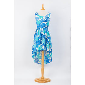 Blue Abstract Floral Print Casual Dress with Fishtail - 0