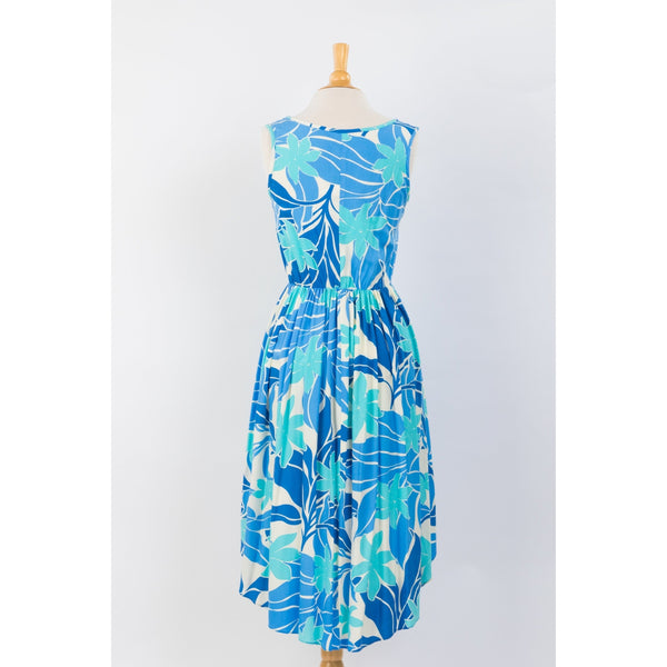 Blue Abstract Floral Print Casual Dress with Fishtail