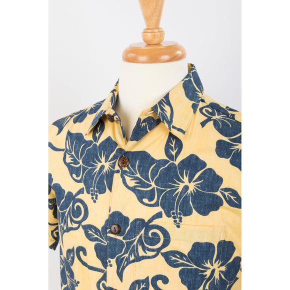 Hibiscus Slim Cut Aloha Shirt | Yellow & Navy - Muumuu Outlet