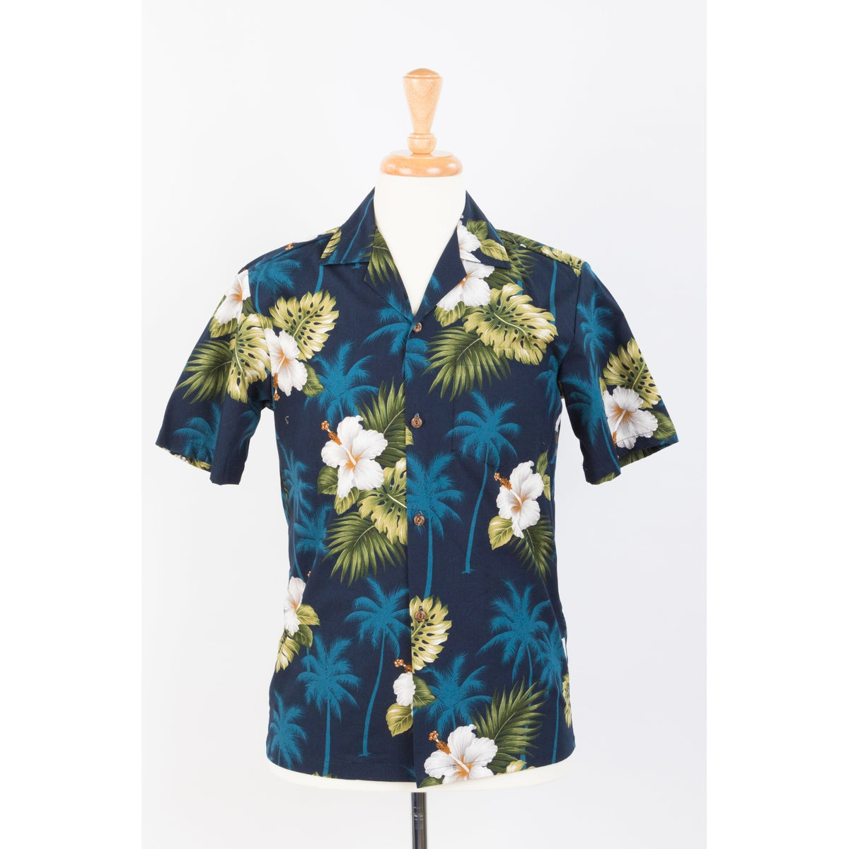 Hibiscus and Palm Tree Cotton Aloha Shirt | Blue - Muumuu Outlet