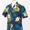 Hibiscus and Palm Tree Cotton Aloha Shirt | Blue - Muumuu Outlet