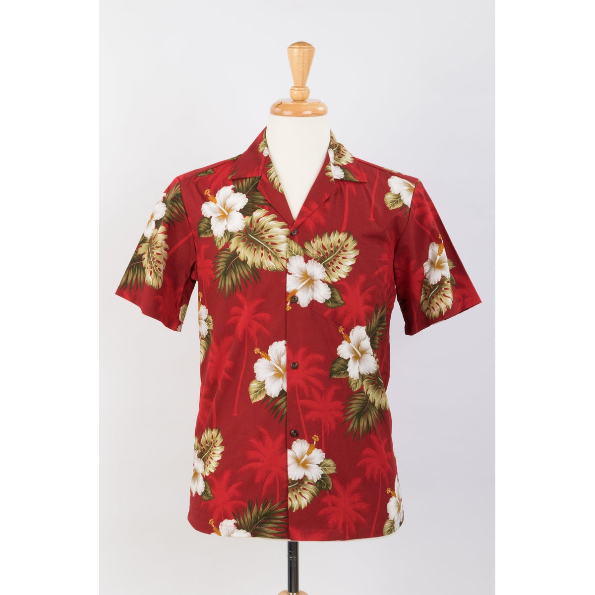 Hibiscus and Palm Tree Cotton Aloha Shirt | Red - Muumuu Outlet