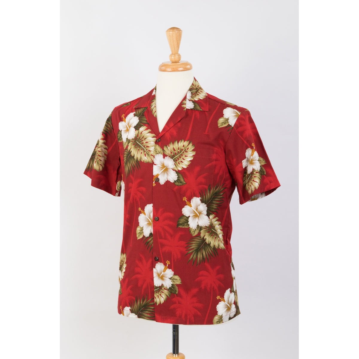 Hibiscus and Palm Tree Cotton Aloha Shirt | Red - Muumuu Outlet