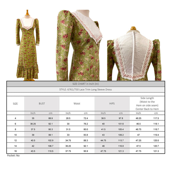 Pink Roses Black Lace Trim Vintage Style Long Sleeve Dress　6761/750