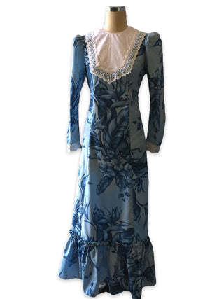 Vintage Blue White Lace Trim Vintage Long Sleeve Traditional Hawaiian Dress