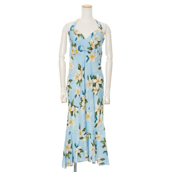 Halter Mid Light Blue Plumeria Hawaiian Dress