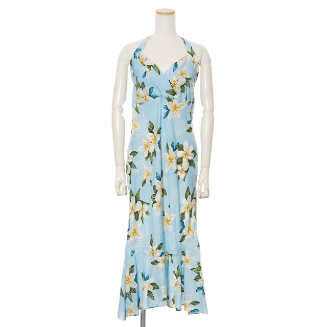 Halter Mid Length Light Blue Plumeria Floral Print Hawaiian Dress