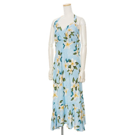 Halter Mid Light Blue Plumeria Hawaiian Dress
