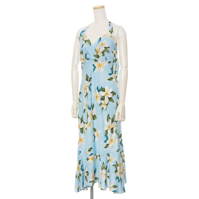 Halter Mid Length Light Blue Plumeria Floral Print Hawaiian Dress