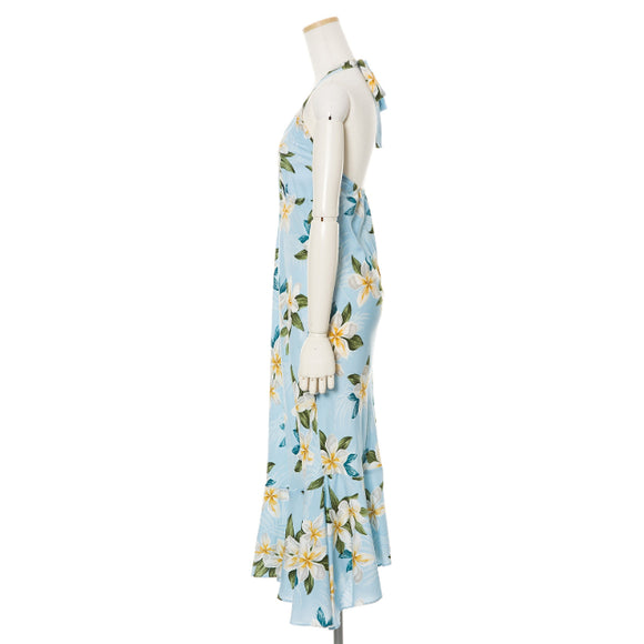 Halter Mid Light Blue Plumeria Hawaiian Dress