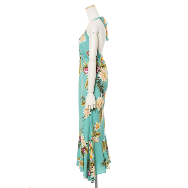 Halter Mid Length Teal Green Ceres Flower Print Hawaiian Dress