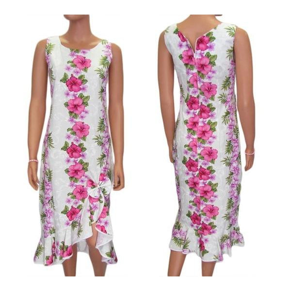 White Cotton Sleeveless Mid-length Pink Hibiscus Panel Ribbon Dress