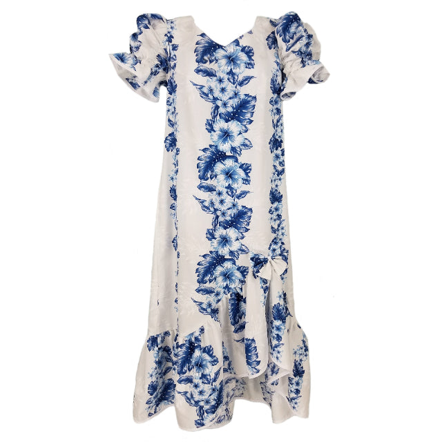 White and Navy Hibiscus Print Muumuu with Sleeve