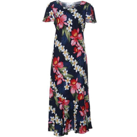 Flare Sleeve Orchid Print Rayon Dress - 0