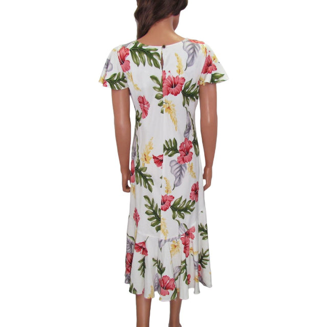 White Hibiscus Flare Sleeve Orchid Print Rayon Dress