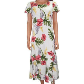 White Hibiscus Flare Sleeve Rayon Dress