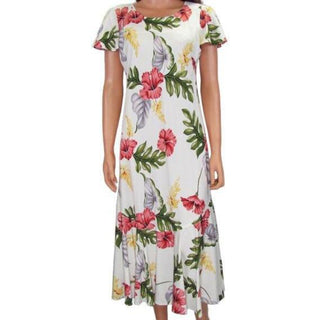 White Hibiscus Flare Sleeve Orchid Print Rayon Dress