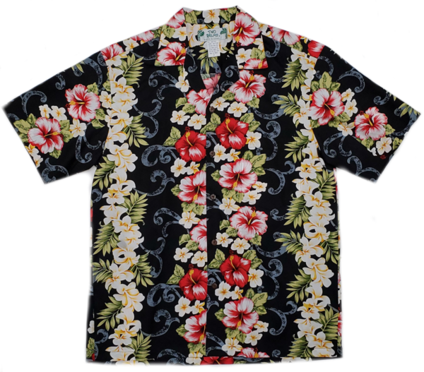 Black Hawaiian Shirt with Red Hibiscus Panel Print