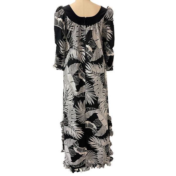 Velvet Trim Collar Long Sleeve Hawaiian Muumuu Dress - Black Palm Leaf 6303 6306