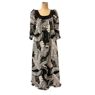 Velvet Trim Collar Long Sleeve Hawaiian Muumuu Dress - Black Palm Leaf 6303 6306