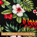 Red & White Hibiscus Heliconia Hawaiian Fabric | Black 0223