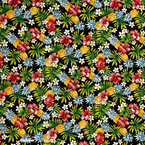 Cute Pineapple, Plumeria, and Hibiscus Print Fabric | Black