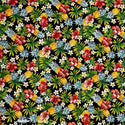 Cute Pineapple, Plumeria, and Hibiscus Print Fabric | Black 0223 BLK-0006C