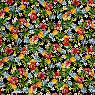 Cute Pineapple, Plumeria, and Hibiscus Print Fabric | Black 0223 BLK-0006C