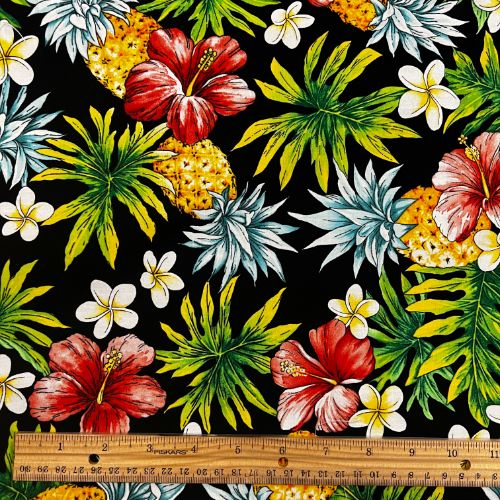 Cute Pineapple, Plumeria, and Hibiscus Print Fabric | Black