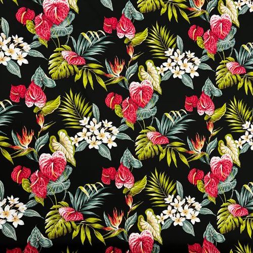 Anthurium, Plumeria & Birds of paradise Hawaiian Fabric | Black 0223 BLK-0005C