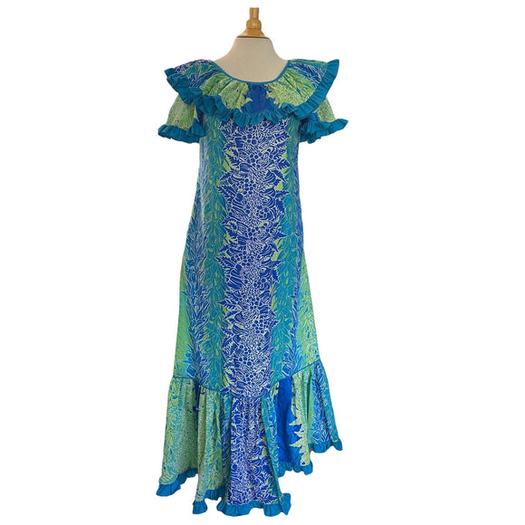 Tropical Lei Flowers Ombre Muumuu Blue