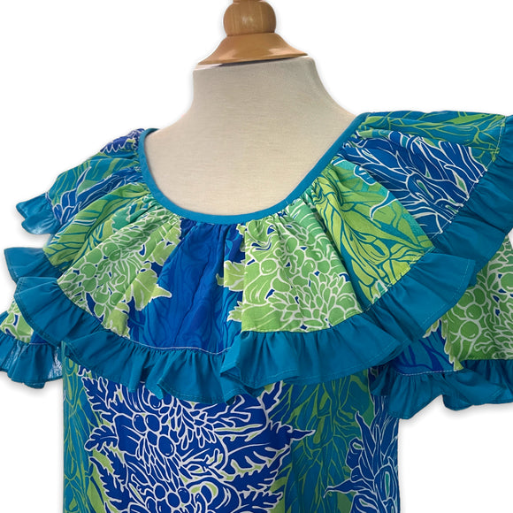 Tropical Lei Flowers Ombre Muumuu Blue