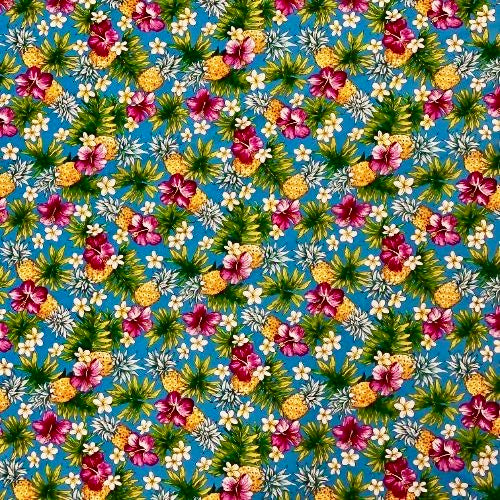 Hibiscus, Pineapple & Plumeria Hawaiian Fabric | Blue 0223
