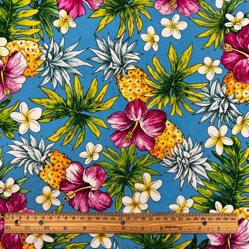 Hibiscus, Pineapple & Plumeria Hawaiian Fabric | Blue 0223