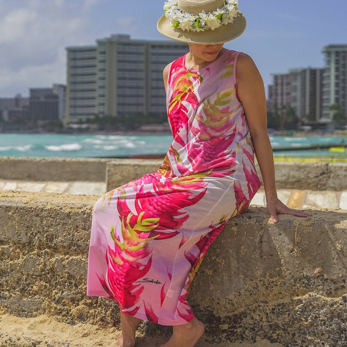 Sabado Design Sleeveless A Line Dress, Red Torch Ginger on Light Pink - Muumuu Outlet