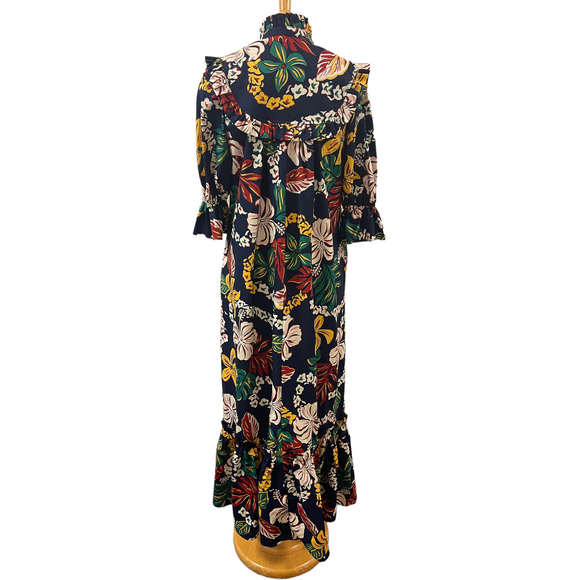 Vintage Inspired Hibiscus Print High Neck Muumuu-Dark Navy 8221