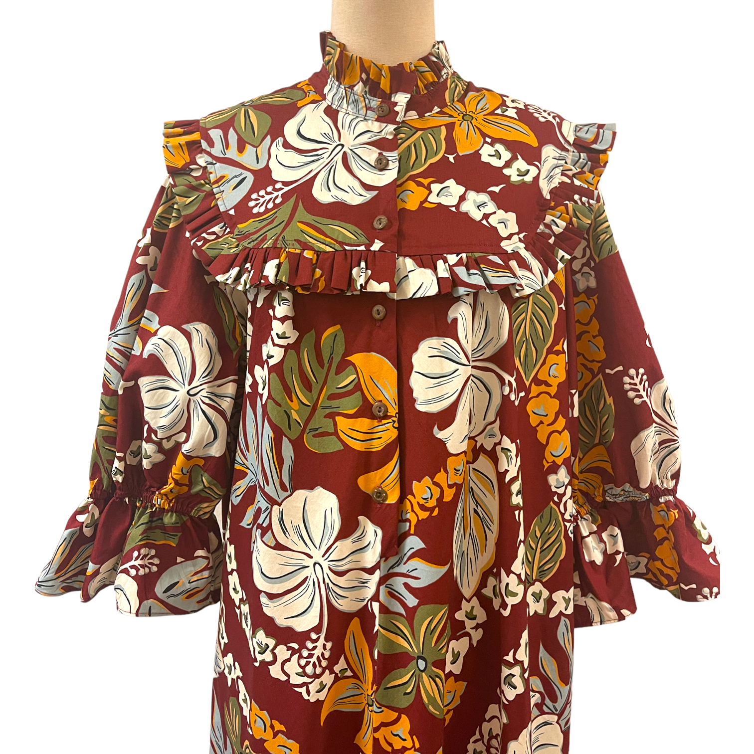 Vintage Inspired Hibiscus Print High Neck Muumuu-Dark Red 8221