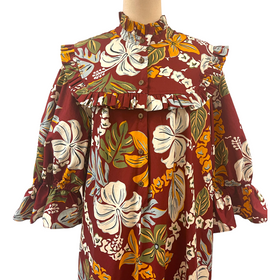 Vintage Inspired Hibiscus Print High Neck Muumuu-Dark Red 8221