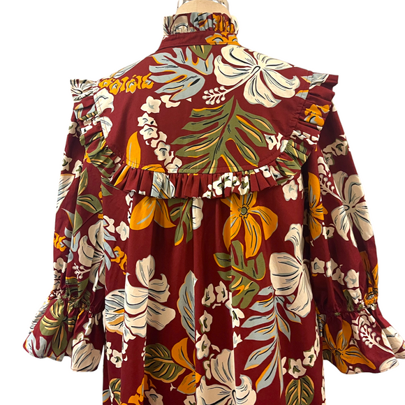 Vintage Inspired Hibiscus Print High Neck Muumuu-Dark Red 8221