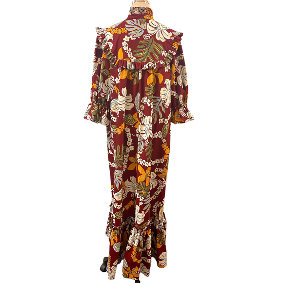 Vintage Inspired Hibiscus Print High Neck Muumuu-Dark Red 8221