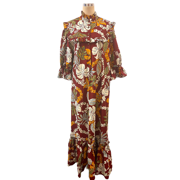 Vintage Inspired Hibiscus Print High Neck Muumuu-Dark Red 8221
